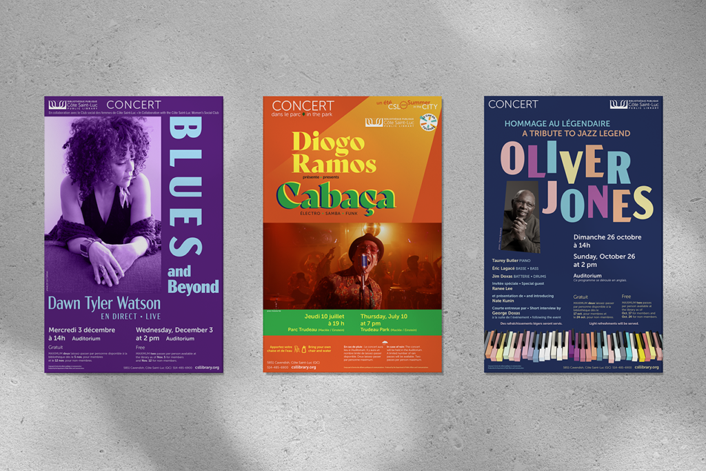 Trois affiches aux couleurs vives sont accrochées sur un mur en béton, annonçant les concerts de Dawn Tyler Watson, Diogo Ramos et un hommage à Oliver Jones.