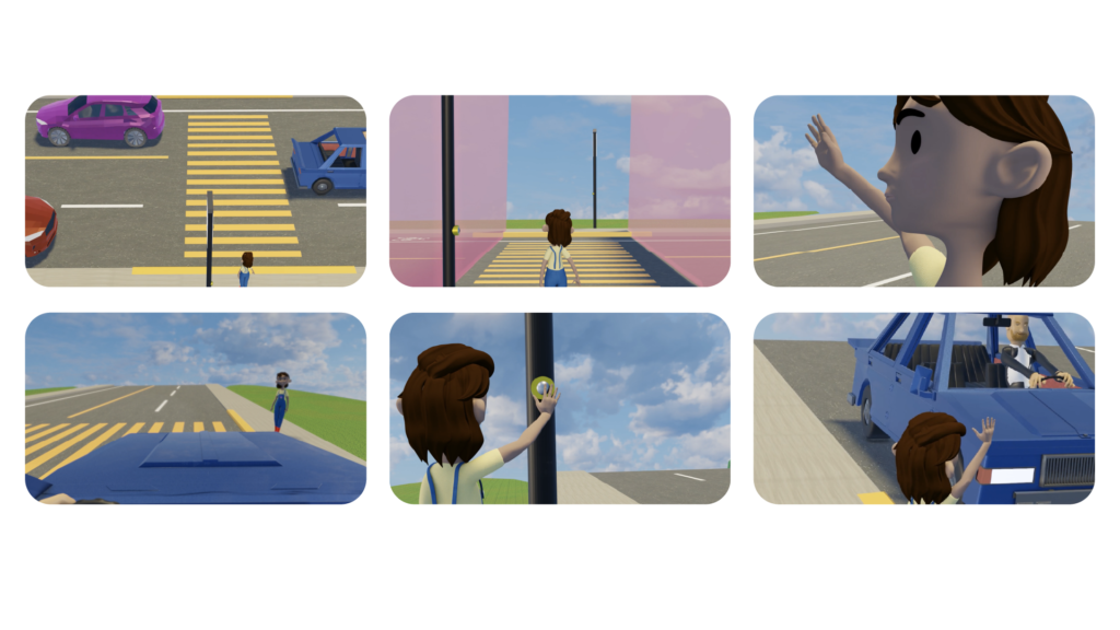 Six images fixes tirées d'une séquence animée montrant une jeune fille attendant de traverser la rue en toute sécurité à un passage piéton.