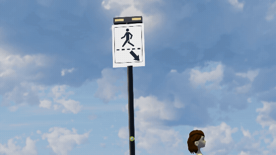 Animation of a young girl approaching a crosswalk sign and pressing the button to activate the flashing lights over the sign.